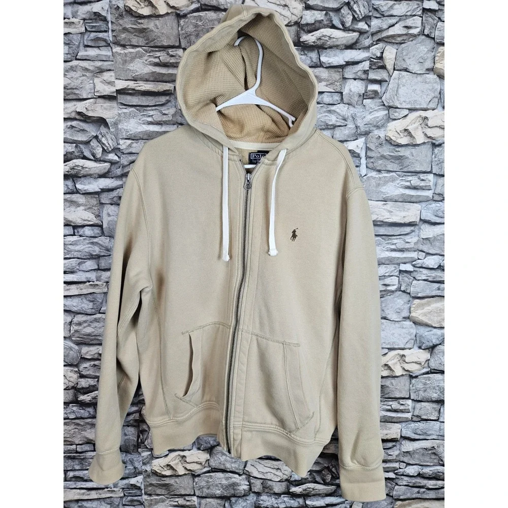 Polo Ralph Lauren Men's Full Zip Fleece Lined Waffle Knit Hoodie Beige Large